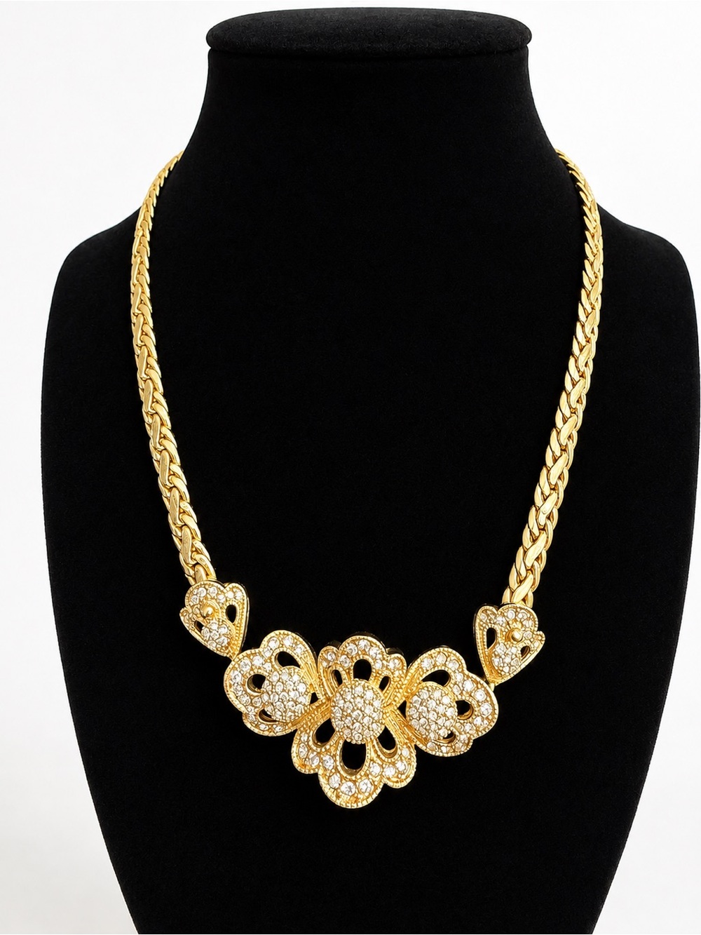 Vintage Christian Dior Crystal Floral Gold Tone Statement Necklace Authenticated